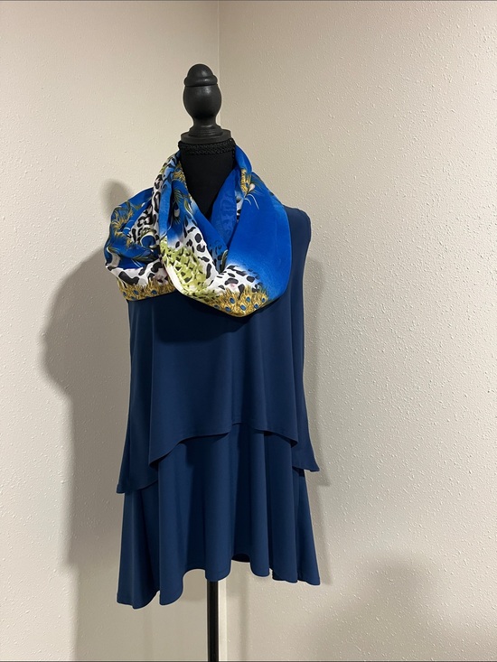 Sympli Tops - Sympli Royal Blue Layered Swing Top with Multicolor Silk Scarf